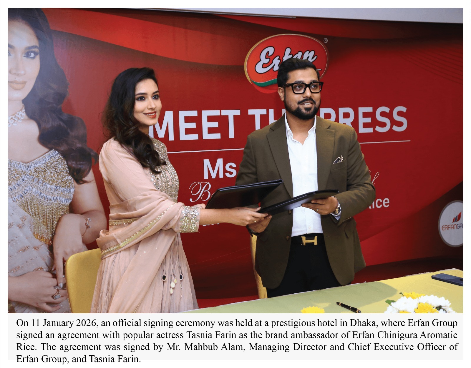 Popular Actress Tasnia Farin Appointed as Brand Ambassador of Erfan Chinigura Aromatic Rice.